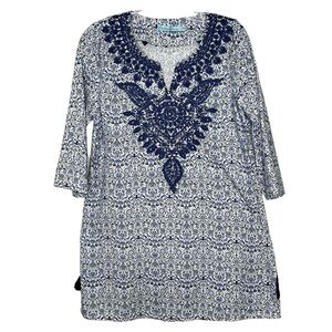 Solitaire Blue/White Leaf Patterned Embroidered & Beaded Swim Coverup Sz M